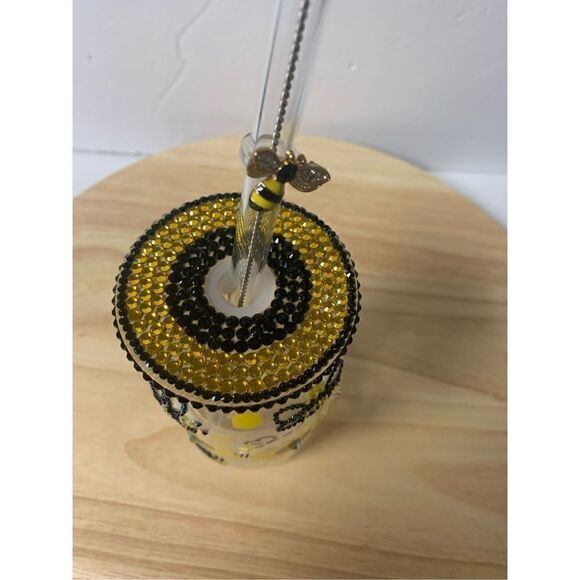 Handmade Bees and Sunflowers 16 oz glass cup with straw topper - Picture 7 of 7